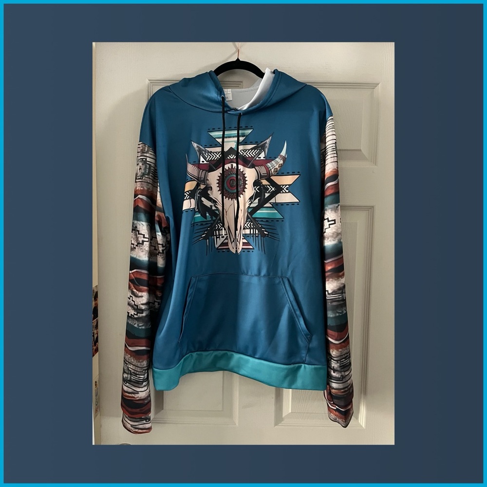 Youth Teal Graphic Hooded Shirt with Southwestern Skull Print
